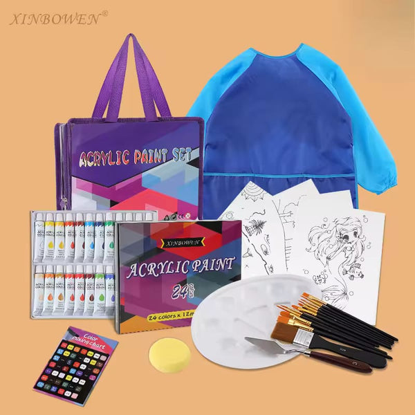 Acrylic Paint Kit for Kids – 24 Colors with Wooden Easel, Apron & Canvas