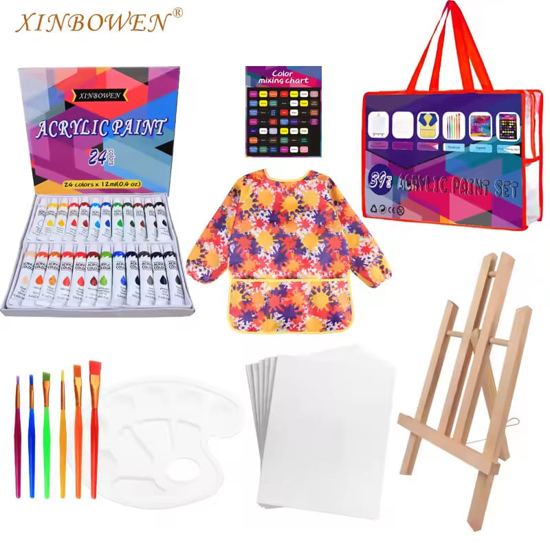 Acrylic Paint Kit for Kids – 24 Colors with Wooden Easel, Apron & Canvas