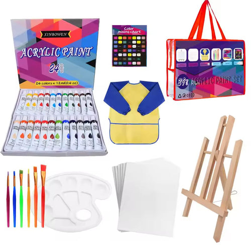 Acrylic Paint Kit for Kids – 24 Colors with Wooden Easel, Apron & Canvas