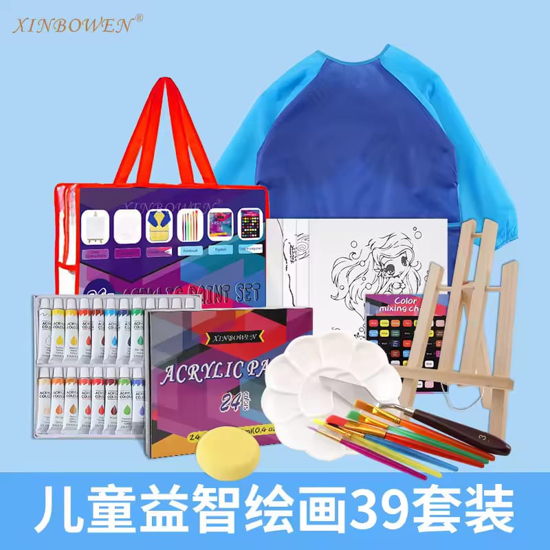 Acrylic Paint Kit for Kids – 24 Colors with Wooden Easel, Apron & Canvas