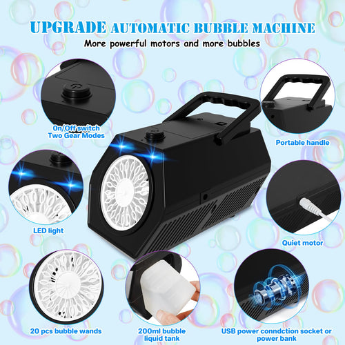 Automatic Bubble Machine for Kids – USB & Battery Powered LED Bubble Blower