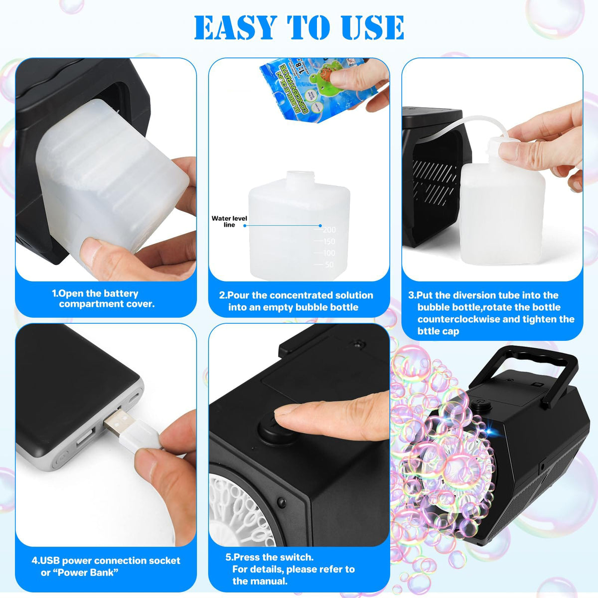 Automatic Bubble Machine for Kids – USB & Battery Powered LED Bubble Blower