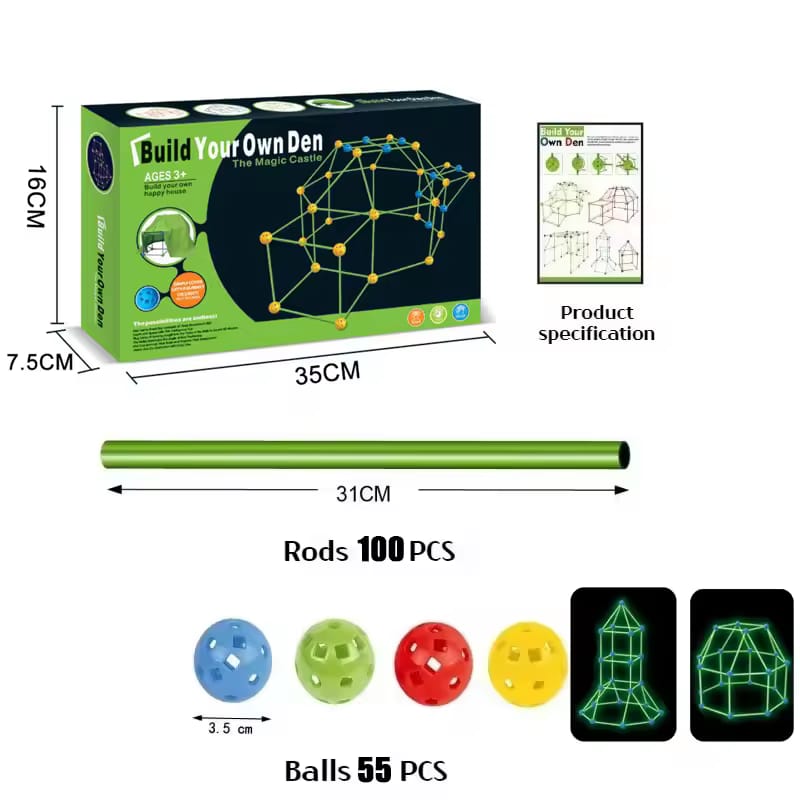 Glow in the Dark Fort Building Kit – 100 PCS Magic Tent Construction Set for Kids