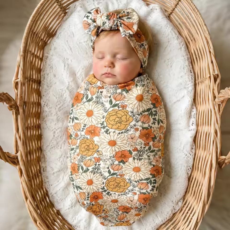 Newborn Swaddle Blanket & Headband Set – Floral Baby Wrap Gift for Girls