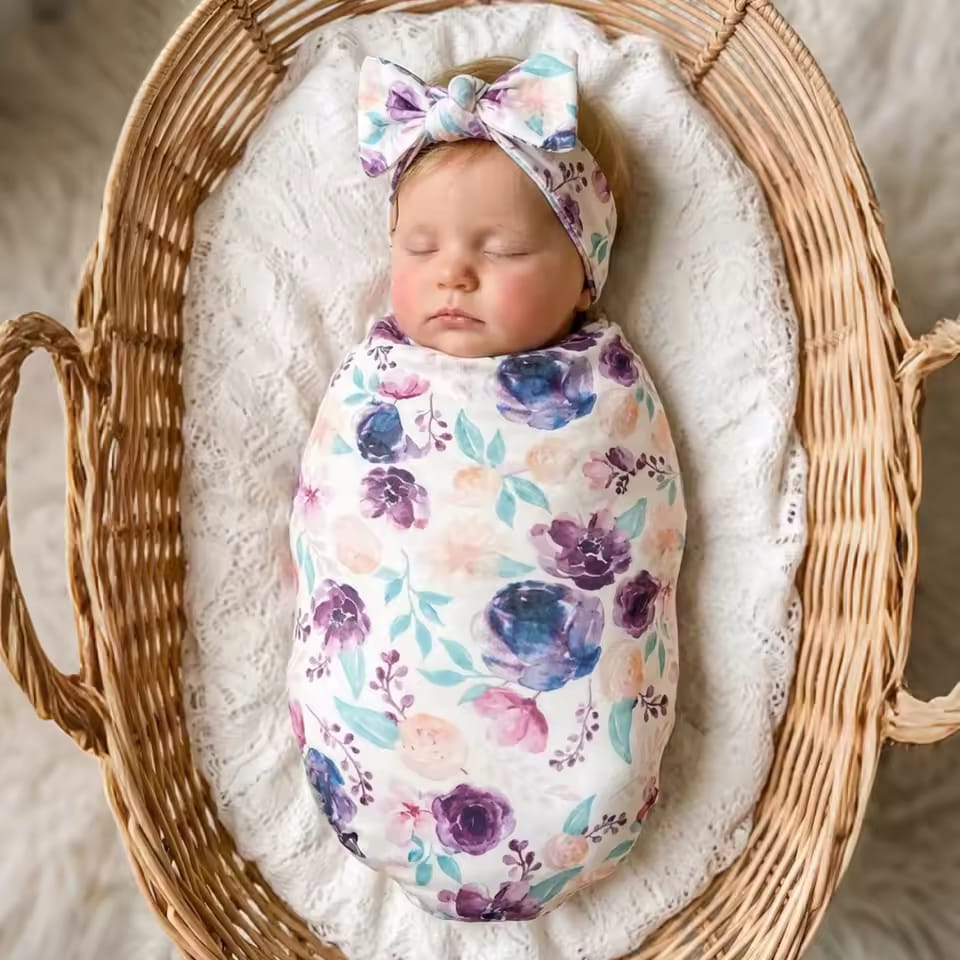 Newborn Swaddle Blanket & Headband Set – Floral Baby Wrap Gift for Girls